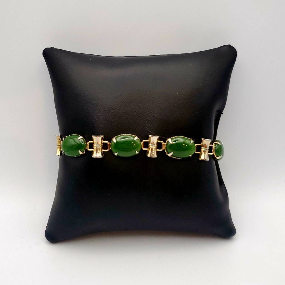 Vintage Green Jade & Gold Plated Bracelet Oval Cabochon Stones w/ Tubular Links